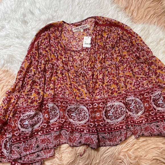 NWT Free People Lorraine Printed Kimono Cardigan Jacket Crochet Inset - Picture 3 of 7